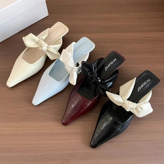 Sweet Butterfly-knot Low-heeled Slippers Elegant Pointed Toe Slingback Slide Sandals Comfort Concise Designer Office Shoes