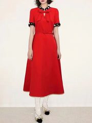 Elegant Round Neck Short Sleeve Patchwork Bownot Long Dress