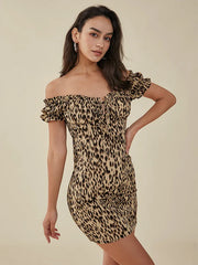 Print Off Shoulder Knot Western Retro Mini Dress