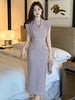 Formal Lapel Sleeveless Office Style Pencil Blazer Midi Dress