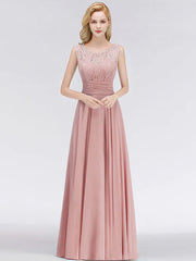 A Line Jewel Neck Floor Length Zipper Lace Wedding Party Bridesmaid Dress
