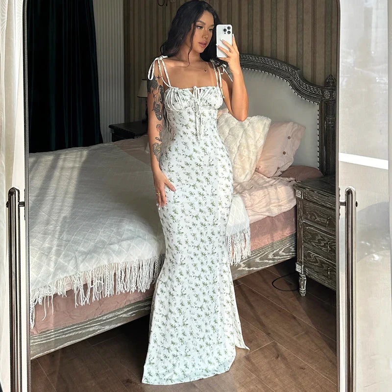 Floral Spaghetti Strap Beach Vacation Streetwear Long Bodycon Dress