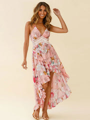 Floral Print Crochet Asymmetrical Sleeveless Midi Dress