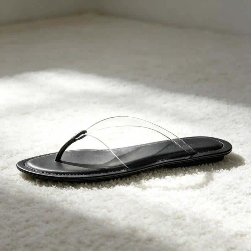Transparent PVC Clip Toe Flip Flops Round-Toe Sewing Detail Flat Sandals Beach Sandals Sandalias