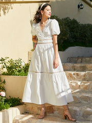 Guipure Lace Puff Sleeve V-neck Solid Maxi Dress