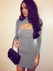 Short Mock Neck Long Sleeve Cut Out Slim Fit Sheath Bodycon Dress