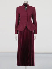 Stand Collar Long Sleeve Spliced Button Tops High Waist Skirt Chic Set