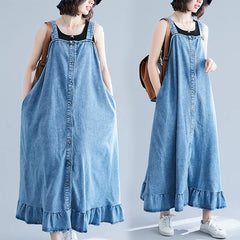Single Breasted Cotton Denim Dresses Spaghetti Strap Jeans
