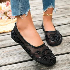 Embroidery String Bead Mesh Ballet Flats Pink Pearl Mary Jane Shoes