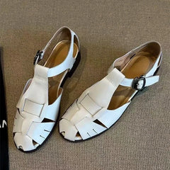 Roman-Style Gladiator Sandals Comfort Square-Heel Metal Buckle Straps Flats Sandals Openwork Woven Design Shoes