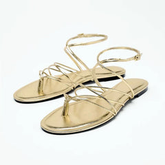 Gold Narrow Strap Cross Strap Design Flat Sandals Flip Flops Elegant Ankle Strap Dress Shoes