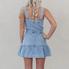 Square Neck Half Button Street Pockets Sleeveless Ruffle Hem Short Denim Dress