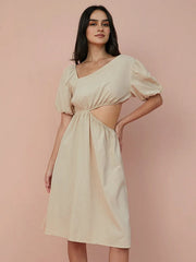 Solid Cut Out Asymmetrical Neck Puff Sleeve Dress