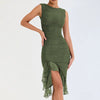 Elegant Cross-Border Mesh Tight-fitting Backless Irregular Pleated Midi Dress