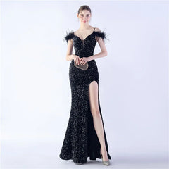 Luxury V-Neck Feathers Ostrich Fur High Density Sequin Sleeveless Maxi Dress