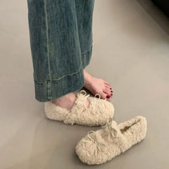 Shearling Ballet Flats with Strap Warm Rabbit Fur Plush Lined Crystal Buckle Mary Jane Flat Shoes