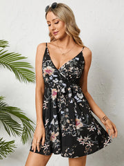 Floral Print Belt Design V-neck Sleeveless Mini Dress