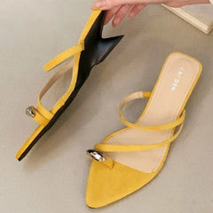 Leopard Print Narrow Band Design Sandals Metal Decoration Pointed Toe Slide Sandal Comfortable Non-slip Beach Shoe