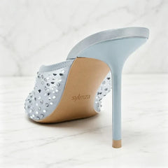 Mesh Rhinestone Detail Mules Sandals Peep Toe High Heel