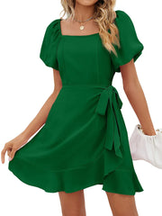 Casual Square Neck Ruffle Short Sleeve  Loose Polyester Mini Dress