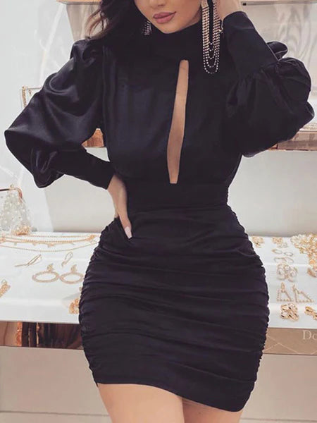 Elegant Zipper High Collar Sheath Bodycon Mini Dress