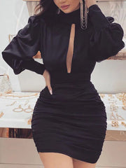 Elegant Zipper High Collar Sheath Bodycon Mini Dress