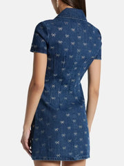 Luxury Denim Short Sleeved Turn-down Collar Mini diamond Dress