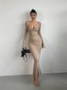Elegant V-neck Flare Sleeves High Waist Slim Split Fish Tail Wrap Hip Long Dress