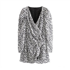 Leopard V Neck Puff Long Sleeve Street Wear Mini Dresses