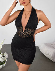 Elegant Sleeveless Backless Cut Out Deep V-Neck Tie Up Lace Mini Dress
