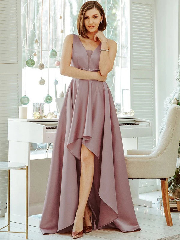 Prom A-Line With Train Satin Fabric Maxi Sash Party Dresses
