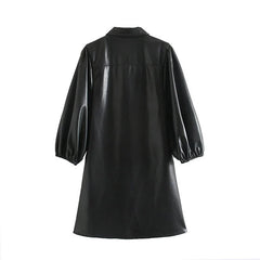 Casual Lantern Long Sleeve Street Wear PU Leather Mini Dress