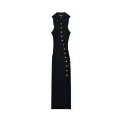 Elegant V Neck Sleeveless Hip Wrap Splice Solid Button Slim Fit Long Dresses
