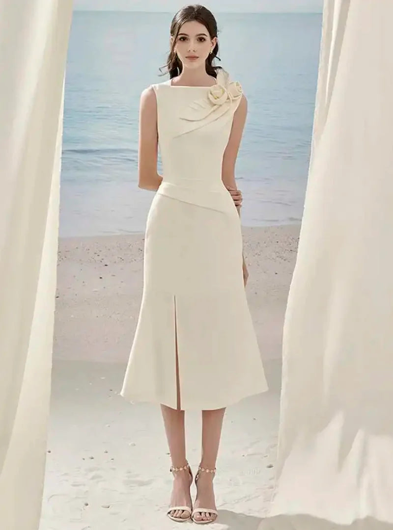 3D Flower Erotic Patchwork Sleeveless Pleated Split Slim Party Dresses