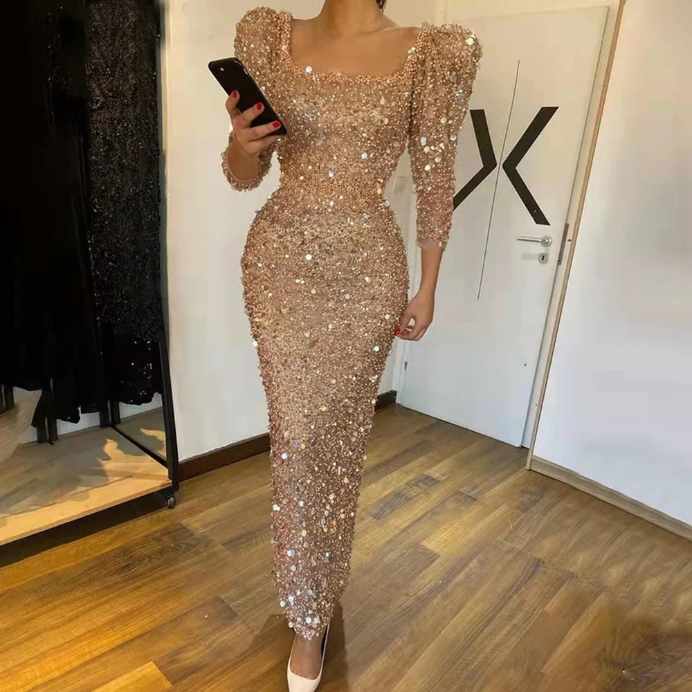 Elegant Simple Sequined Mermaid Beaded Square Collar Three Quarter Sleeve Prom Gowns