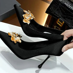 Luxury Satin Designer Pumps Pointed Toe Gold Flower Decoration Thin High Heel
