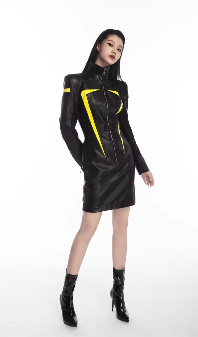 Luxury Designer Patchwork Full Sleeve Faux Leather High Street Mini Dress