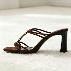 Metal Detail Square-Toe Mules Sandals Novelty Strappy Block Heel