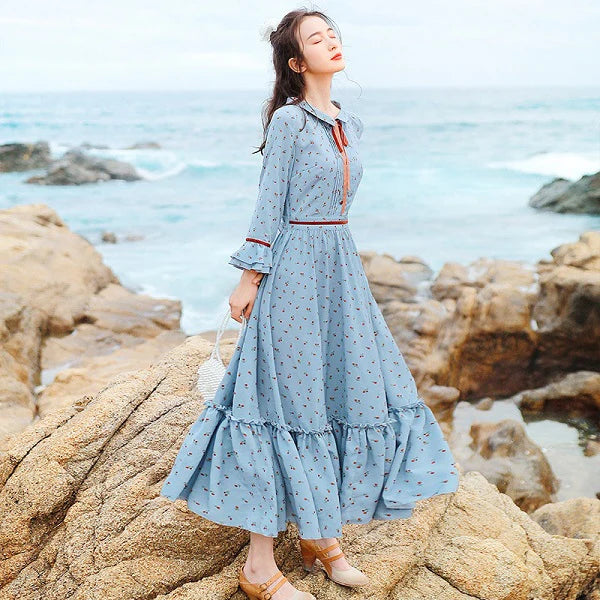 High Waist Print Long Maxi Flare Flower Dress With Belt