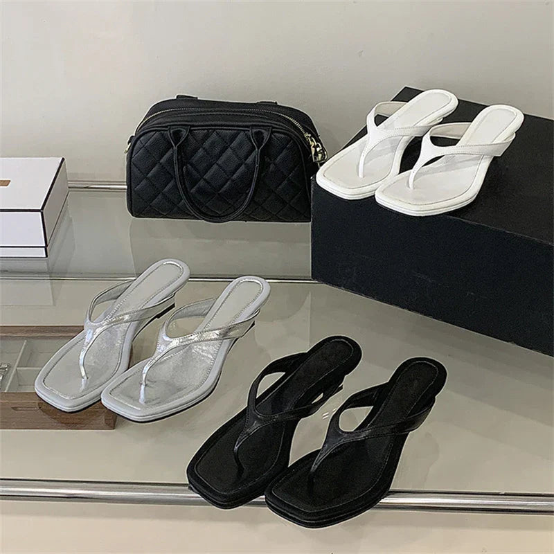 Square Clip Toe Slippers Design Wedges Low Heel