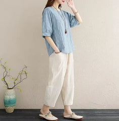2Pcs Solid Short Sleeve Blouse Pants Office Lady Cotton Linen Set Casual Loose Tops And Trousers Sets