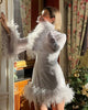 Shiny Sequined Lace Feather Decoration Puffy Sleeves A-line Mini Dress