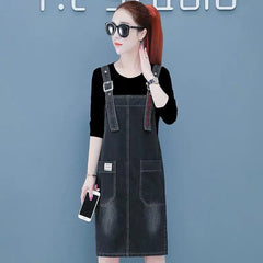 Casual Pockets Overall Sleeveless Strap Slash Neck Jean Dress