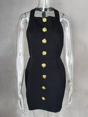 Elegant Button Halter Neck Sleeveless Bodycon Mini Dress
