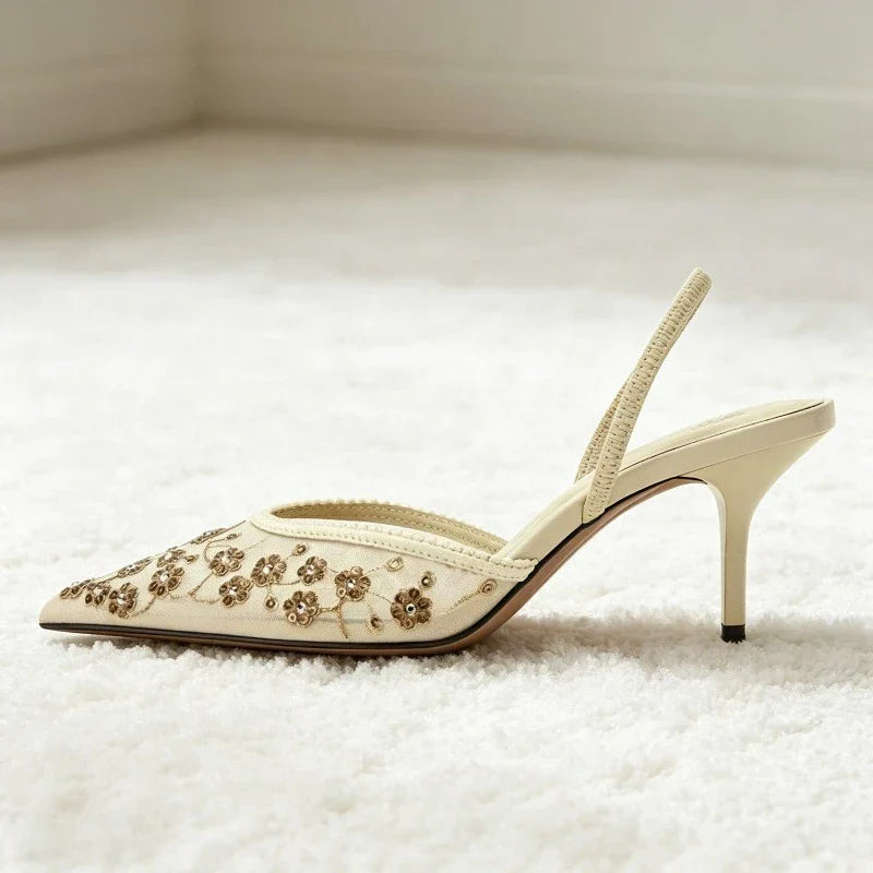 Metal Bling Detail Mesh High Heel