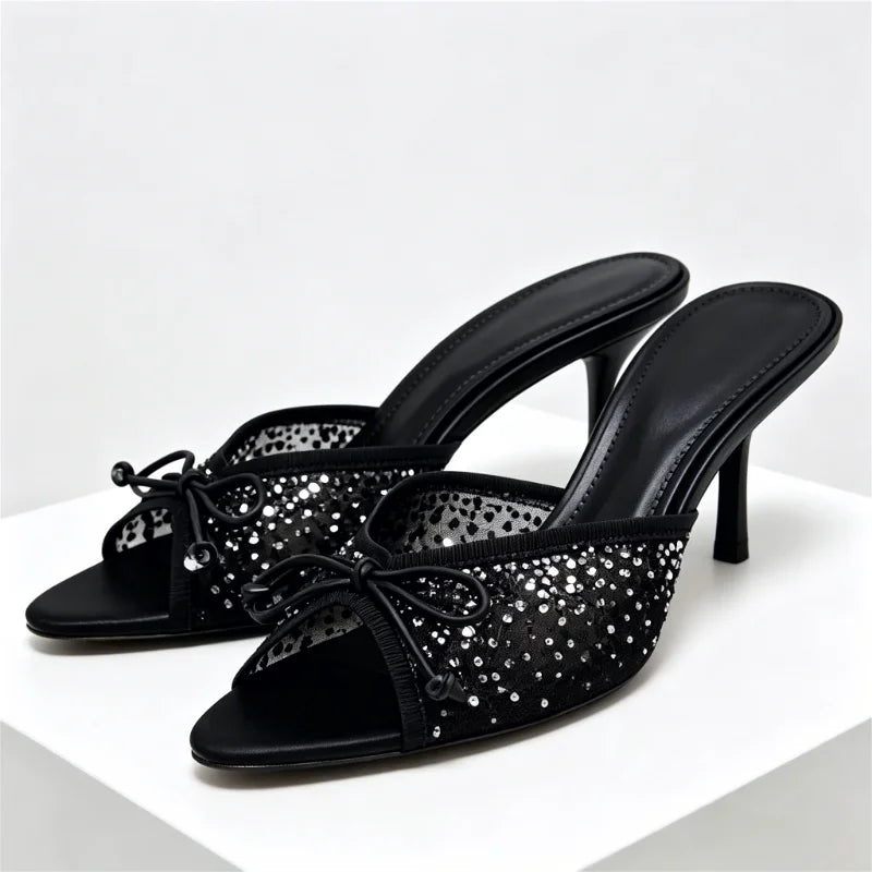 Mesh Rhinestone Bow Decoration Slippers Pointy Toe Peep Toe Slides Sandals Elegant Luxury Designer Heel