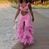 Elegant Solid V-Neck Hollow Out Backless Tank Top Layered Pleated Long Skirt  2 Piece Set