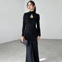 Elegant Turtleneck Hollow Out Long Sleeve Bodycon Maxi Dress