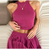 Casual Solid Knitted Vest Halter Sleeveless Short Top Pleated Elastic A-line Mini Skirt Two Piece Set