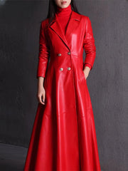 Elegant Faux Leather Double Breasted Full Sleeve Office Lady Trench Coat